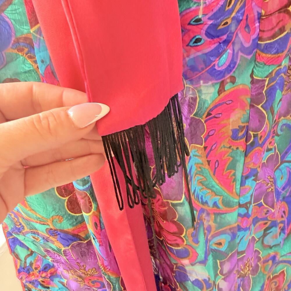Vtg Victorias Secret Gold Label Paisley Long Robe Pink Satin Trim Fringe Glam S - Picture 4 of 15